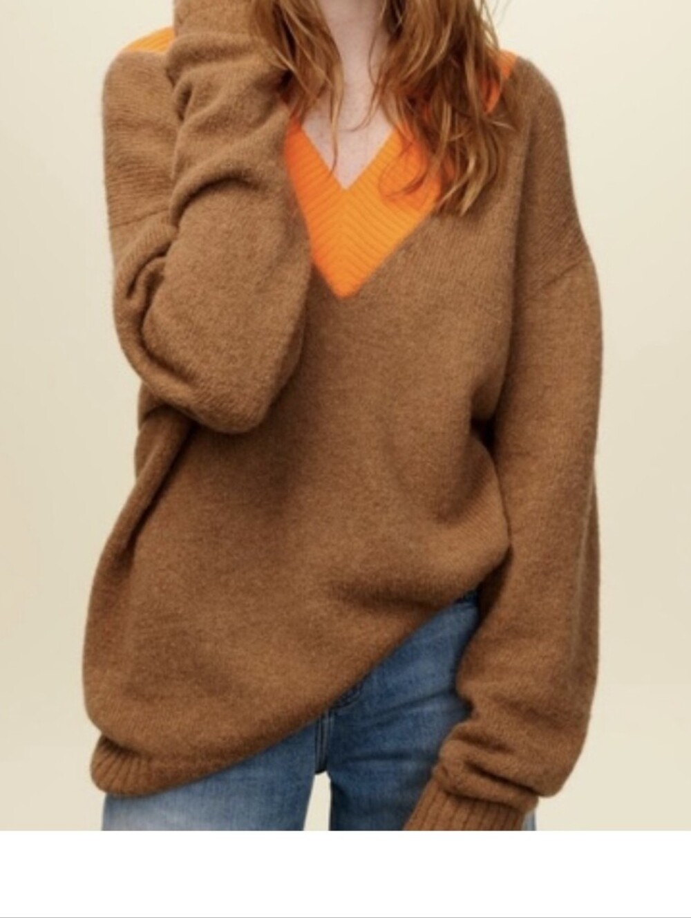 NWT Tibi Airy Alpaca V-Neck Pullover Contrast Rib Knit Sweater Camel Orange M